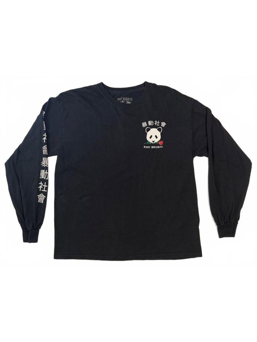 Riot Society Mens L Panda Rose Black Long Sleeve Graphic Tee Japanese Streetwear